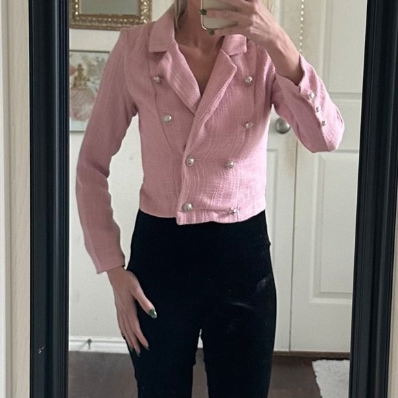 Vintage pink tweed cropped long sleeve double breasted blazer suit jacket - Picture 2 of 11